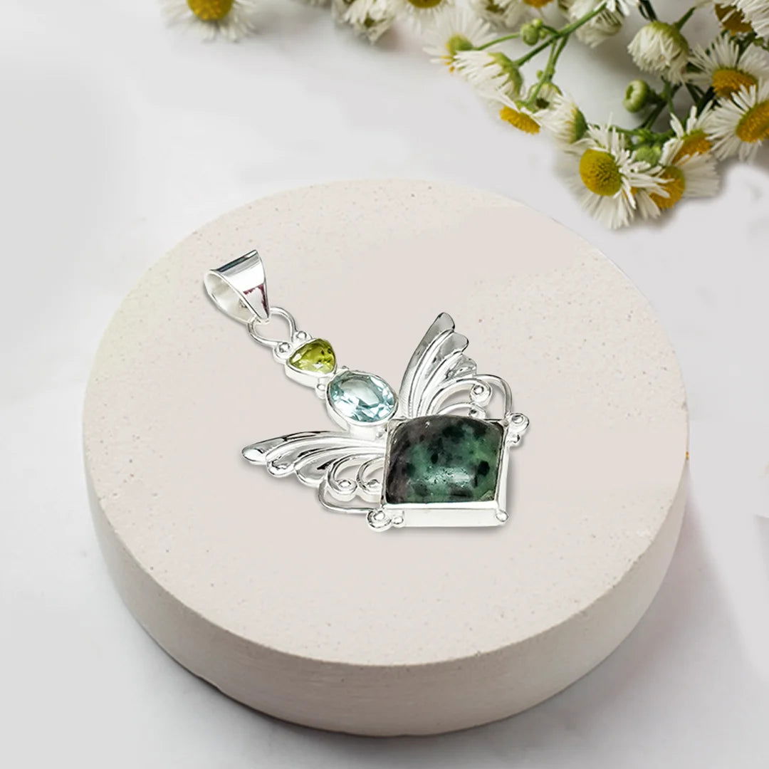 Big Wing Pendant with Multi Gemstone in 925 Sterling Silver 1