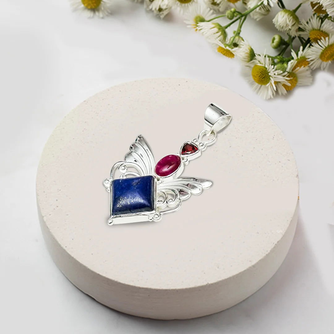 Big Wing Pendant with Multi Gemstone in 925 Sterling Silver 4