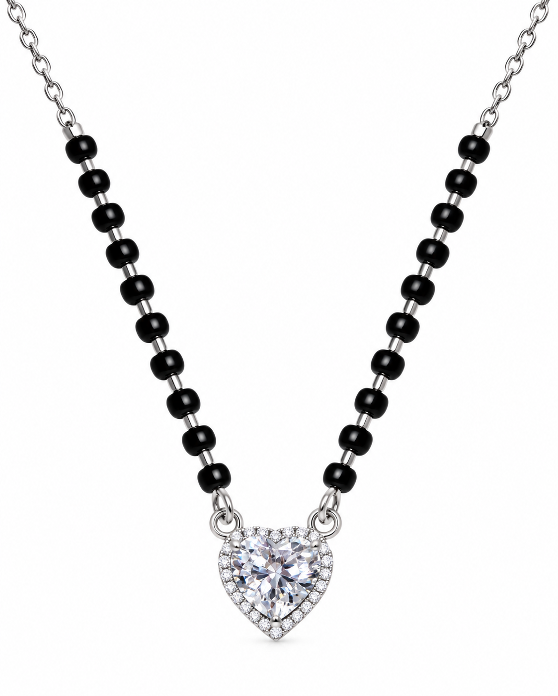 Mohnaa Myra 925 sterling silver mangalsutra featuring a sparkling heart-shaped pendant with a centre stone and decorative halo on a white background.