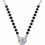Mohnaa Myra 925 sterling silver mangalsutra featuring a sparkling heart-shaped pendant with a centre stone and decorative halo on a white background.
