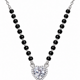 Mohnaa Myra 925 sterling silver mangalsutra featuring a sparkling heart-shaped pendant with a centre stone and decorative halo on a white background.