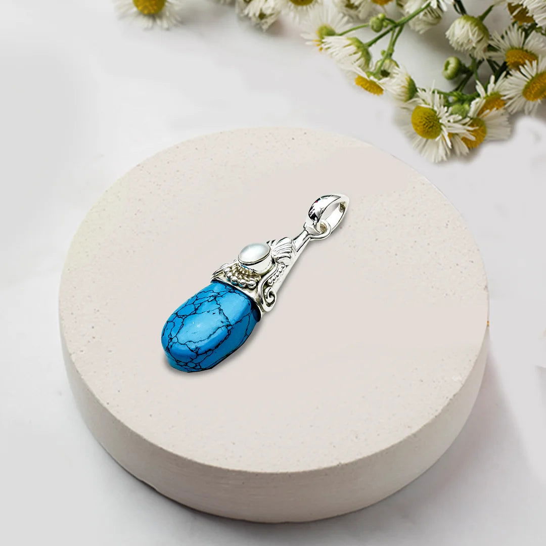 Blue Turquoise Pearl Gemstone Pendants In 925 Silver