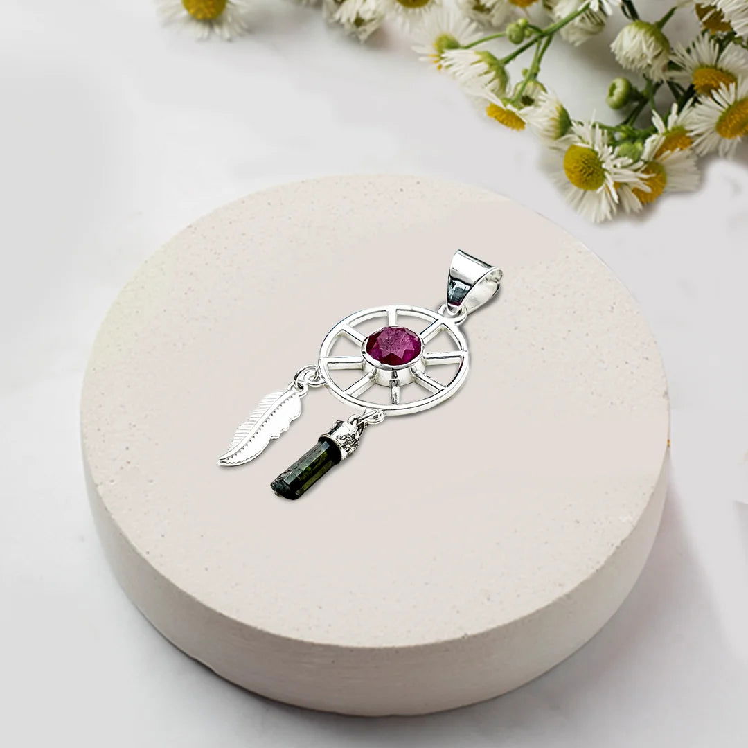 Charm Pendant With Red Gemstone In 925 Solid Silver