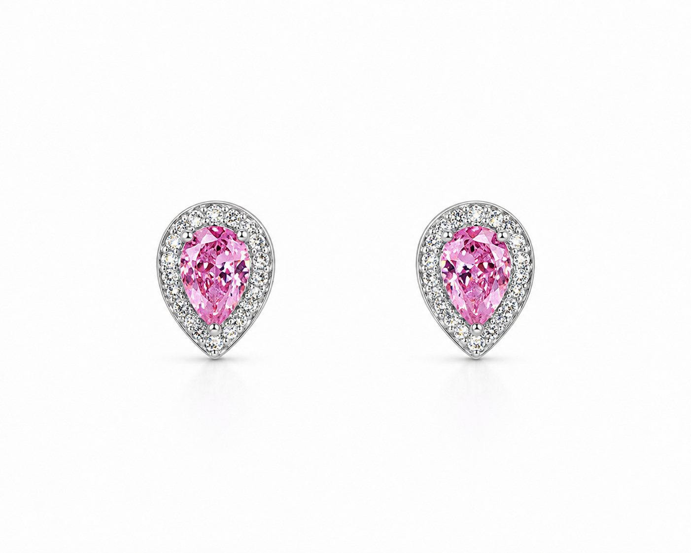 Pink Dewdrop CZ stud earrings in 925 sterling silver with pear-shaped pink cubic zirconia stones
