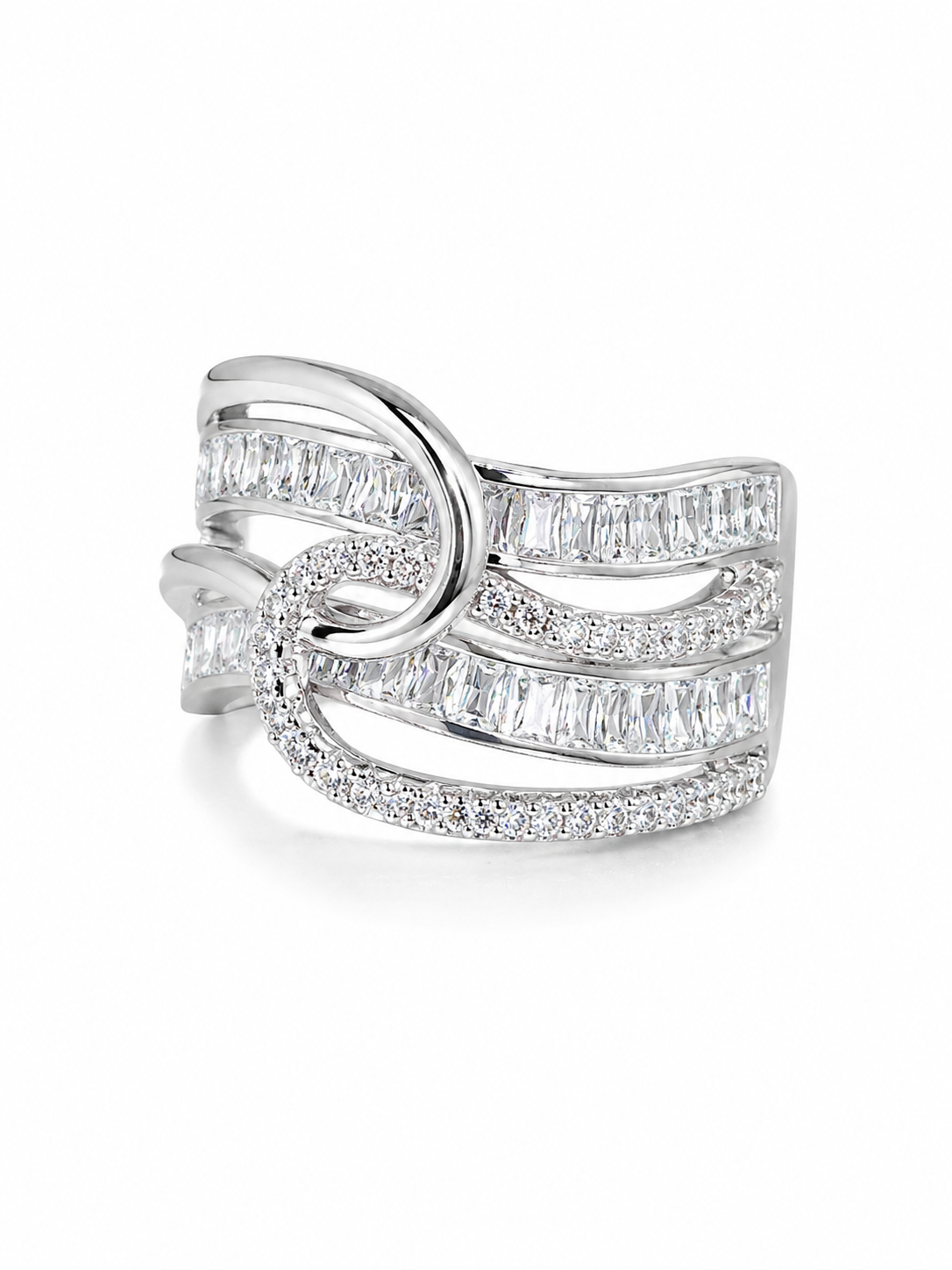 925 sterling silver Ira Infinity Luxe Ring featuring baguette and round AAA+ cubic zirconia stones in an infinity-inspired design.