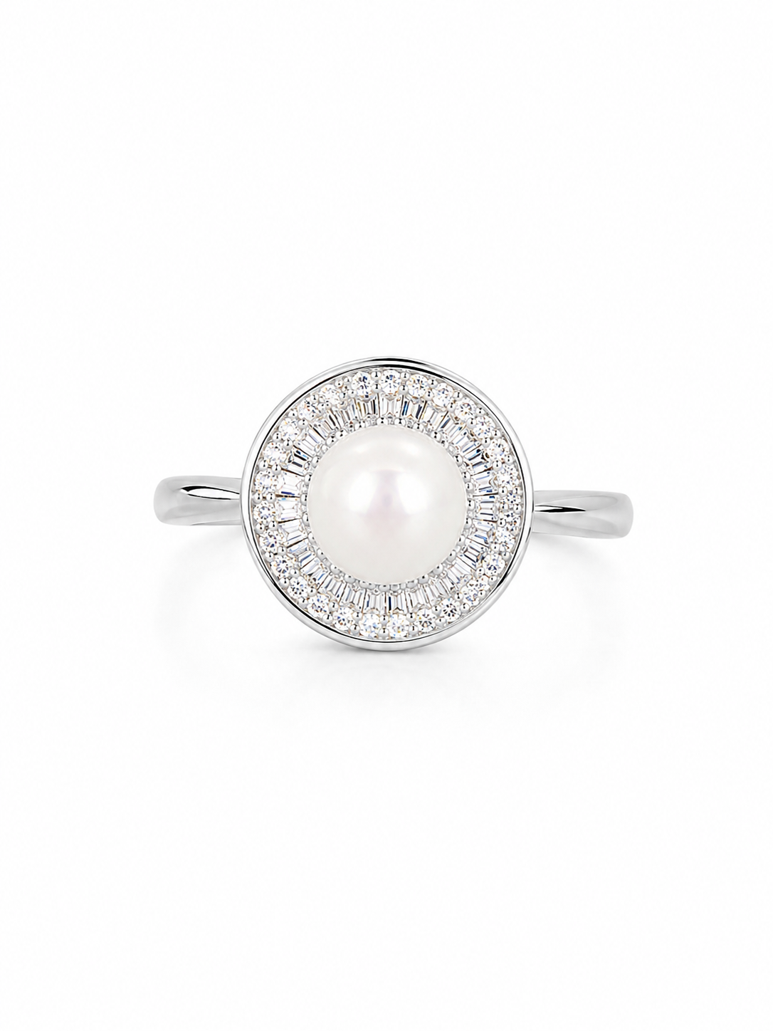 Ira Pearl Radiance Ring in 925 sterling silver featuring a pearl-inspired center stone surrounded by a halo of AAA+ CZ stones