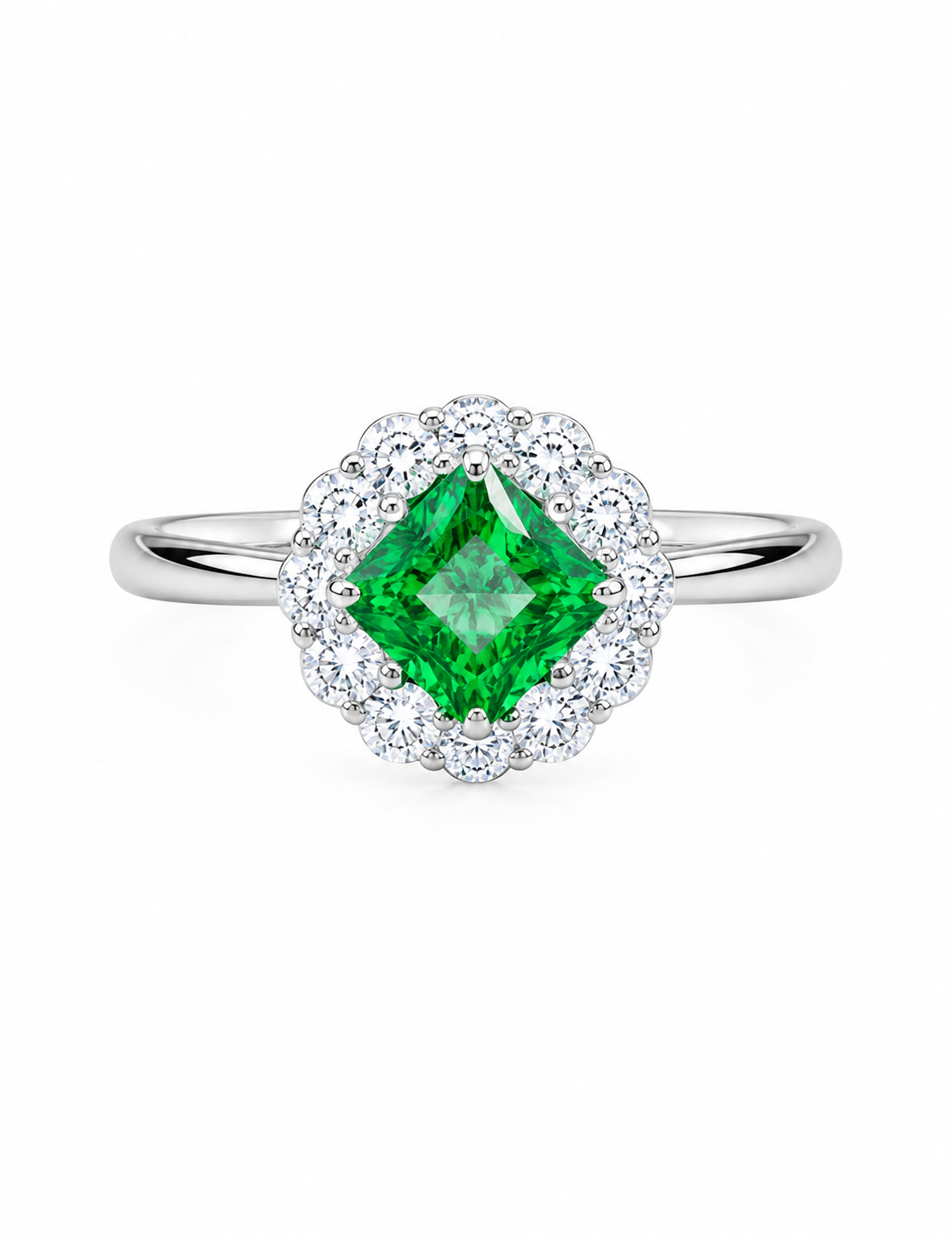 Ira Emerald Halo Ring in 925 sterling silver with emerald green princess-cut AAA+ CZ stone and sparkling halo setting