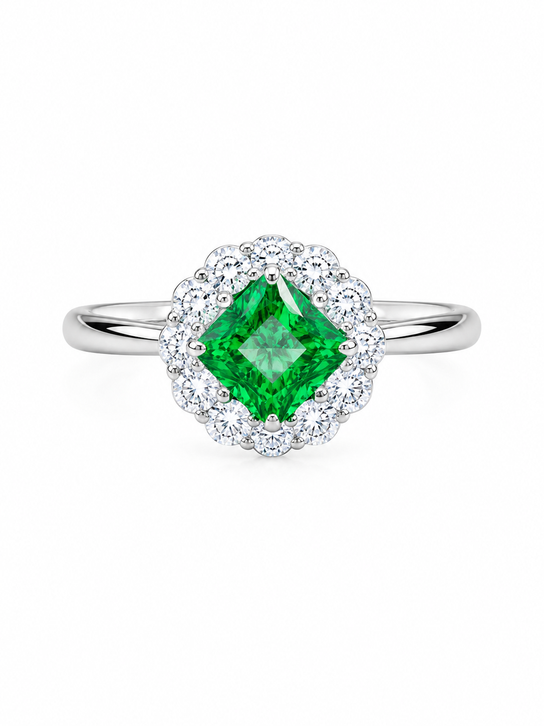 Ira Emerald Halo Ring in 925 sterling silver with emerald green princess-cut AAA+ CZ stone and sparkling halo setting