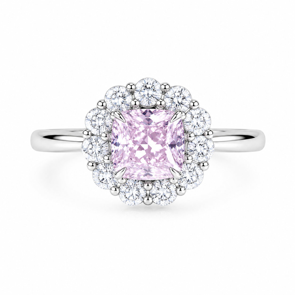 925 sterling silver Ira Blush Royale Ring with pink princess-cut AAA+ CZ stone and floral halo setting.