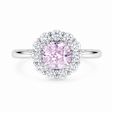 925 sterling silver Ira Blush Royale Ring with pink princess-cut AAA+ CZ stone and floral halo setting.