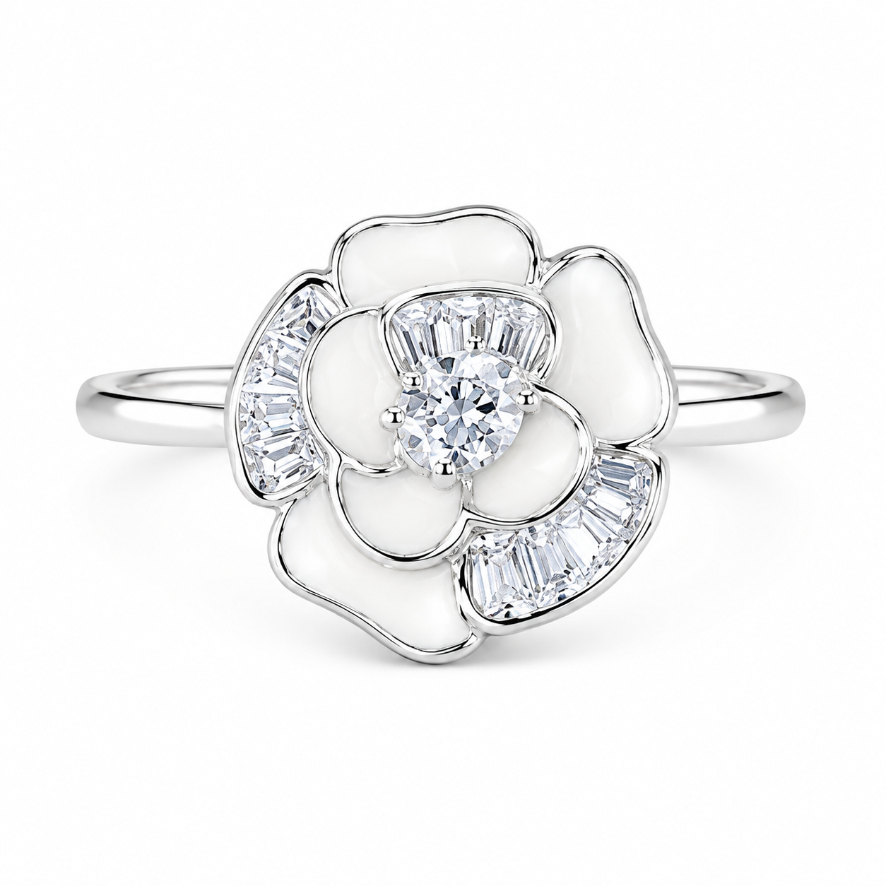 Ira Camellia Bloom Ring in 925 sterling silver with white enamel flower petals and AAA CZ stones