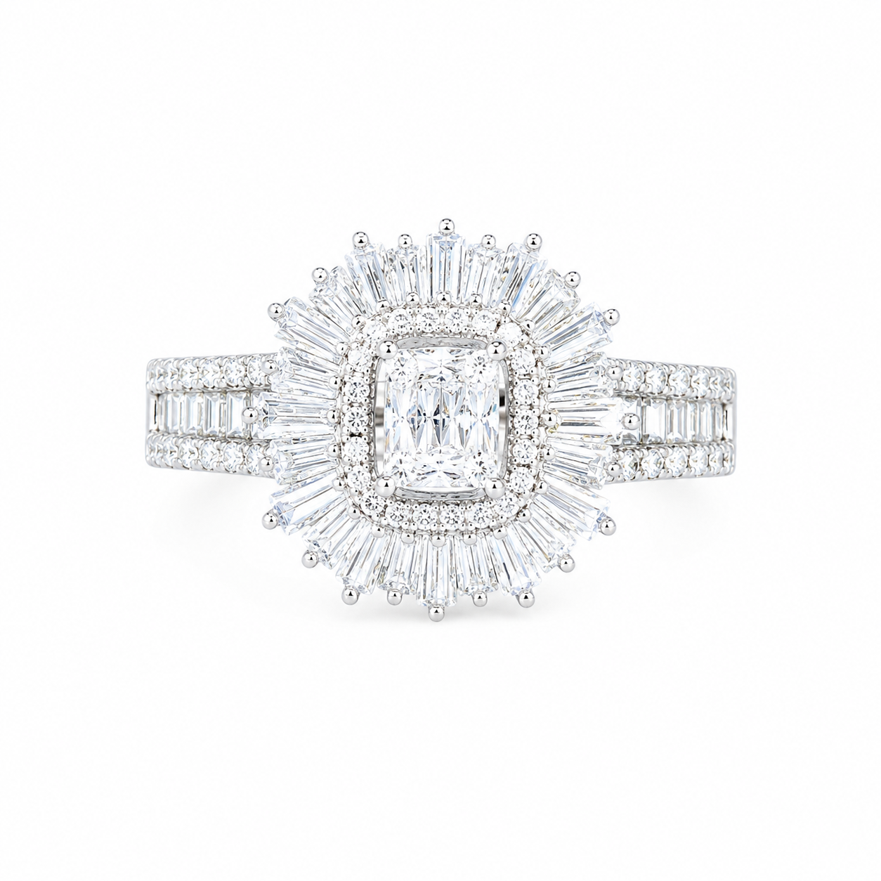 925 sterling silver Ira Celestial Radiance Ring with emerald-cut AAA+ CZ center stone and radiant halo design