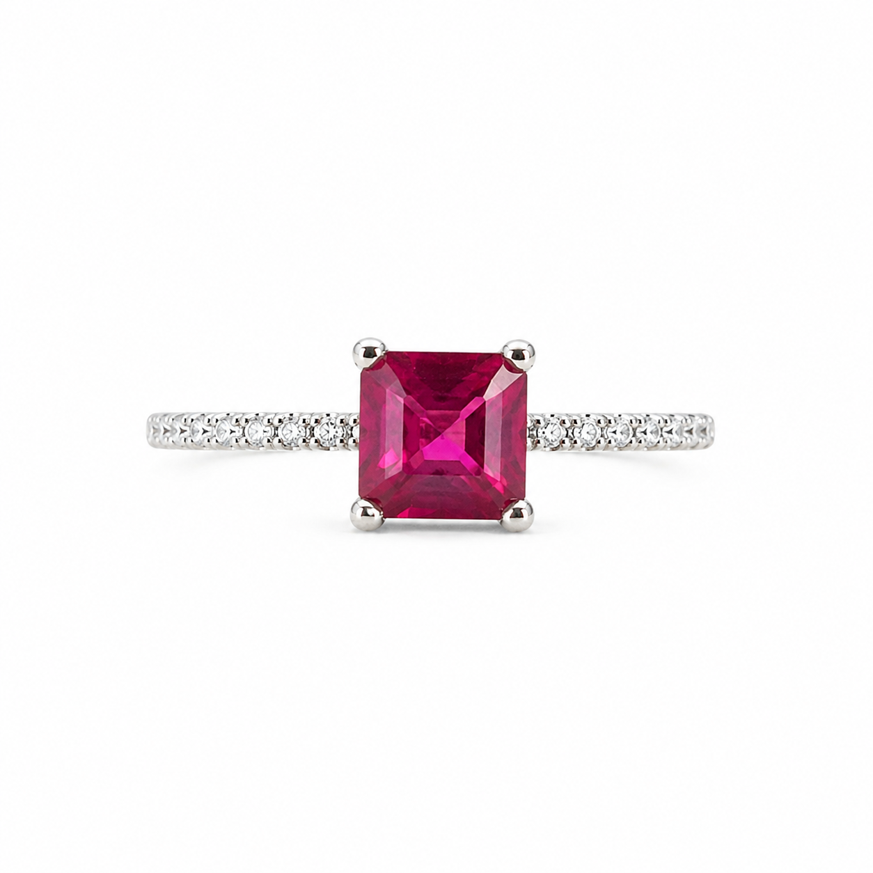 Ira Scarlet Glow Ring in 925 sterling silver with scarlet red princess-cut AAA+ CZ stone and CZ accent band
