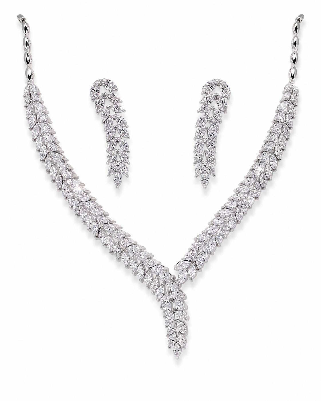 925 sterling silver necklace set featuring marquise cut cubic zirconia stones in an elegant leaf cascade design with matching earrings