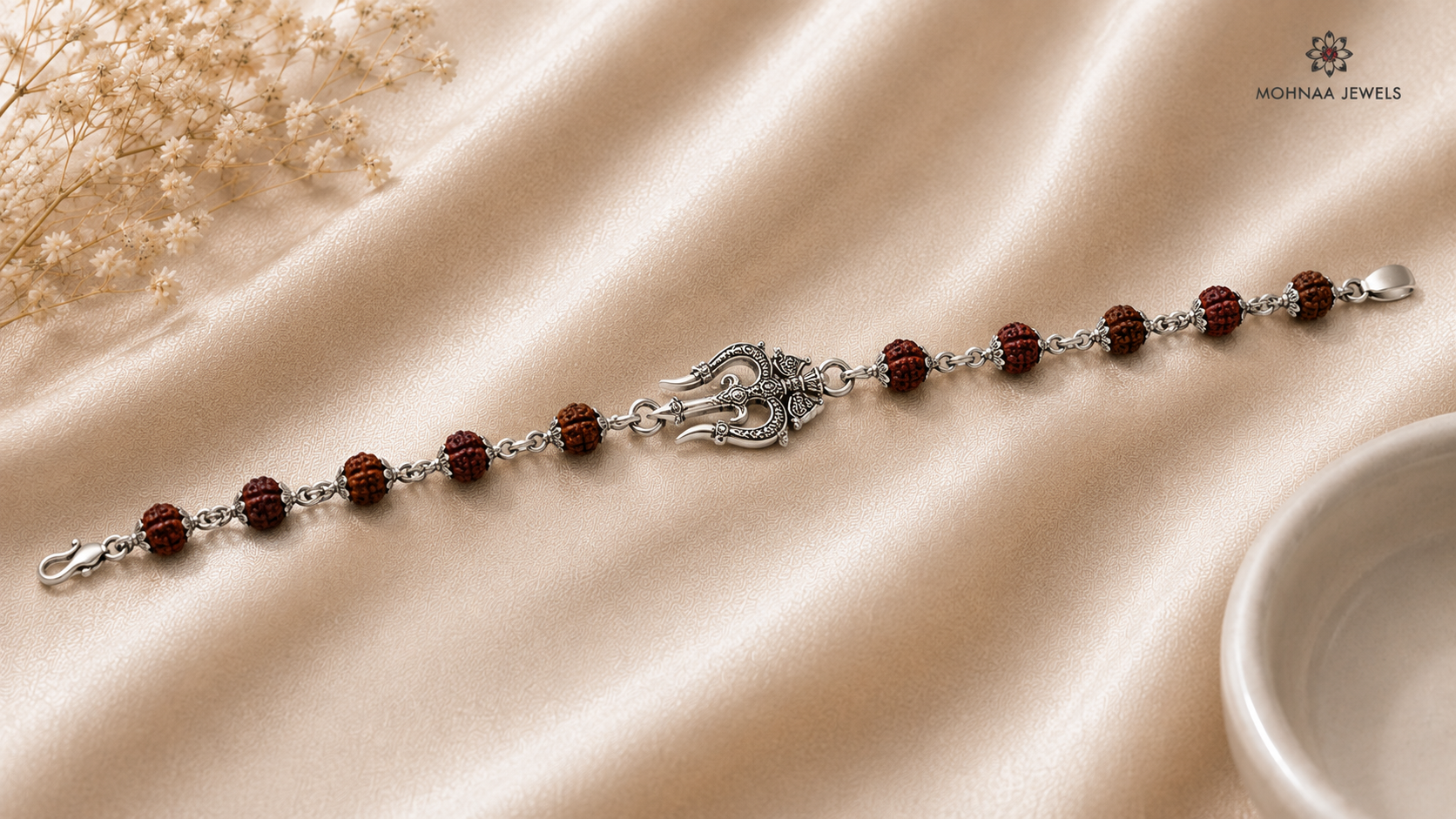 Trishul Legacy Bracelet crafted in 925 sterling silver with sacred Rudraksha beads and detailed Trishul motif from Mohnaa Jewels Virasat Collection