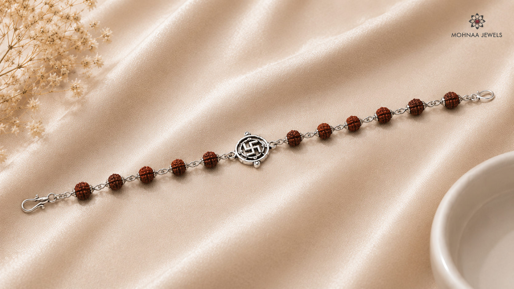 Shubhank Rudraksha Bracelet crafted in 925 sterling silver with natural Rudraksha beads and a sacred Swastik centerpiece from the Virasat Collection by Mohnaa Jewels.