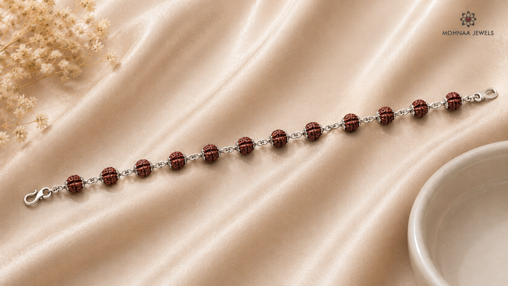 Rudra Sutra Bracelet crafted in 925 sterling silver with natural Rudraksha beads from the Virasat Collection by Mohnaa Jewels.