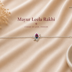 "Mayur Leela Rakhi crafted in 925 sterling silver featuring an elegant peacock feather (morpankh) motif with colorful enamel detailing and an adjustable silver chain, beautifully designed for Raksha Bandhan by Mohnaa Jewels."