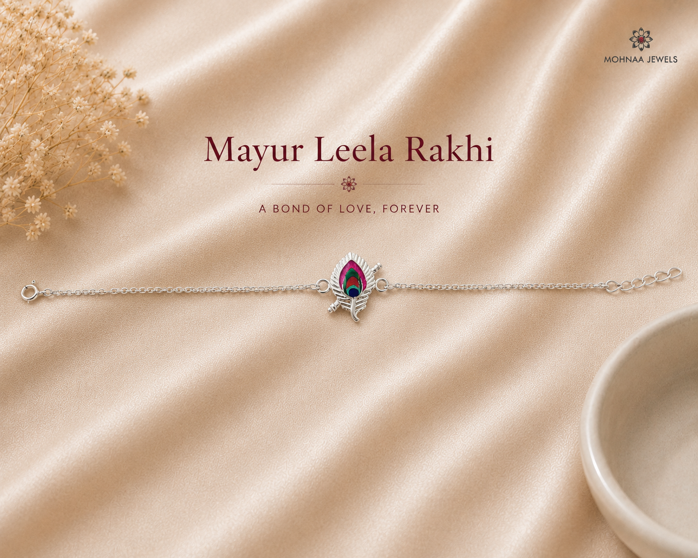 "Mayur Leela Rakhi crafted in 925 sterling silver featuring an elegant peacock feather (morpankh) motif with colorful enamel detailing and an adjustable silver chain, beautifully designed for Raksha Bandhan by Mohnaa Jewels."