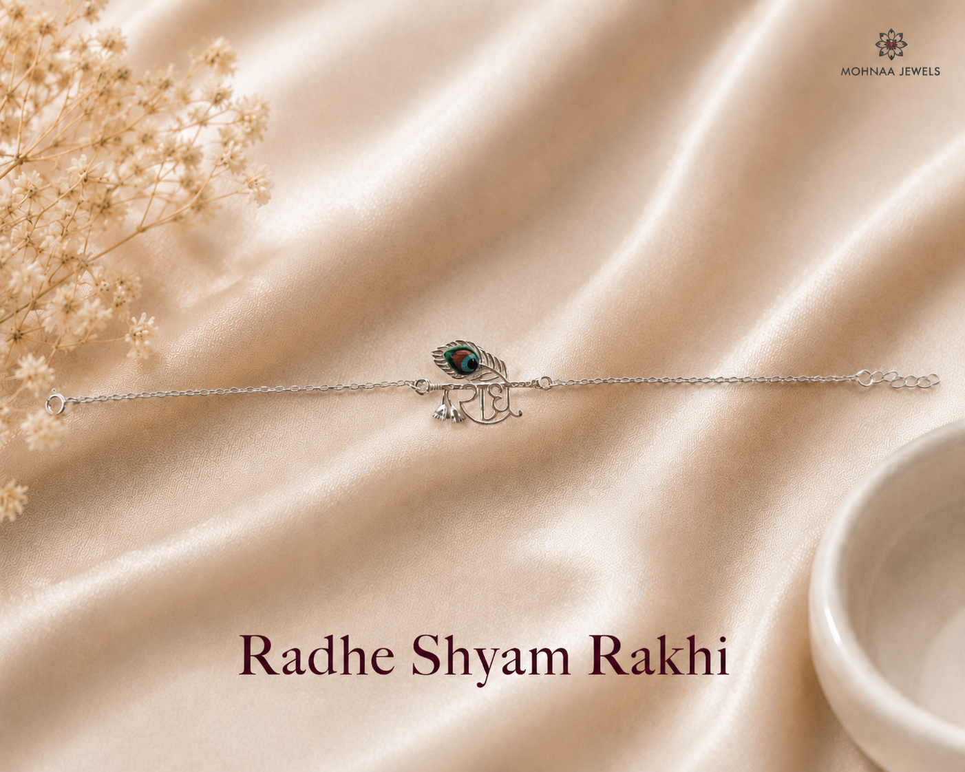 Radhe Shyam Rakhi in 925 sterling silver featuring a Radhe script motif with colorful peacock feather design and adjustable silver chain by Mohnaa Jewels.