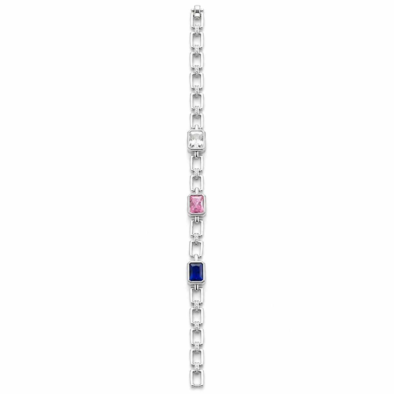 Mohnaa Trinity Luxe Link Bracelet in 925 sterling silver featuring modern rectangular links with white, pink and royal blue emerald-cut cubic zirconia stones.