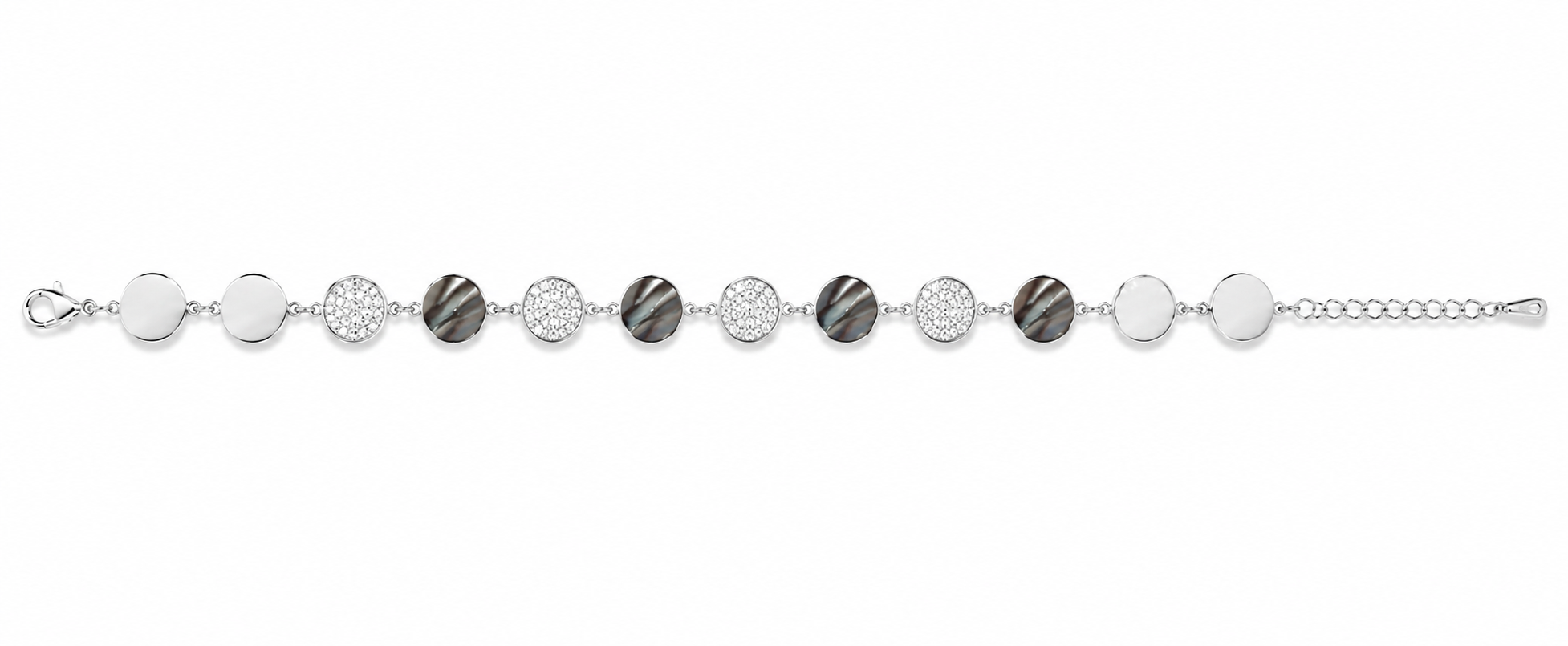 Mohnaa Celestia Mosaic Bracelet in 925 sterling silver featuring alternating polished discs, pavé crystal accents and contemporary geometric design with secure lobster clasp.