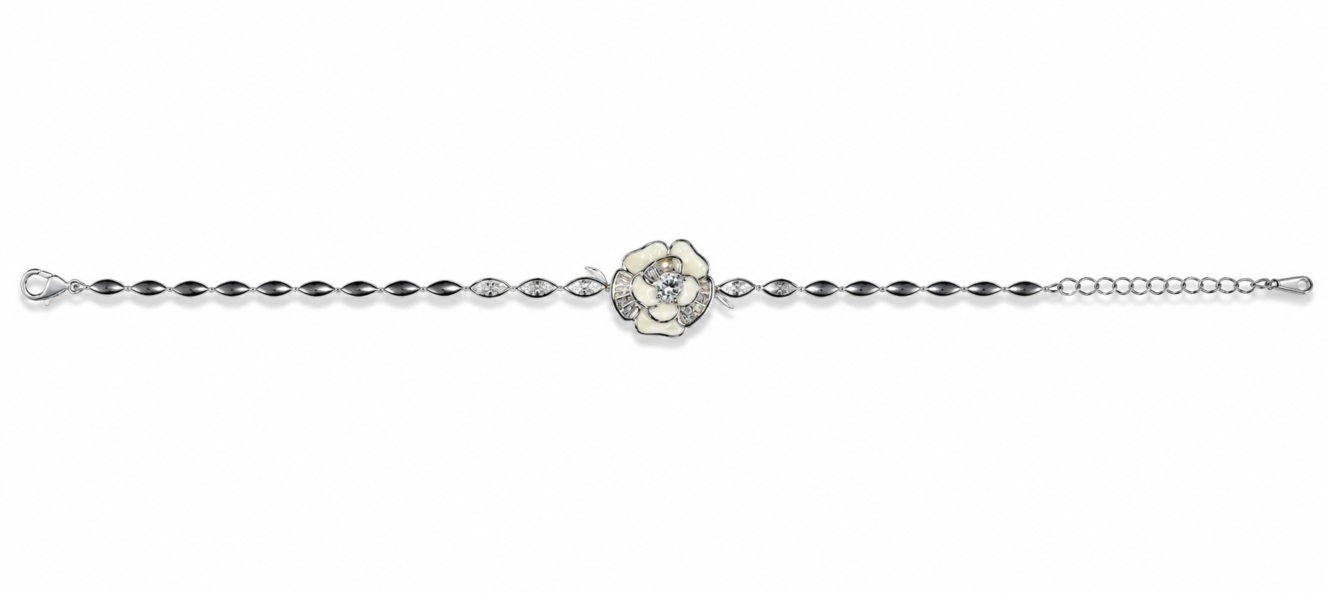 Ivory Bloom 925 sterling silver bracelet featuring an elegant ivory flower centerpiece, sparkling AAA cubic zirconia stones, marquise accents, and an adjustable chain.