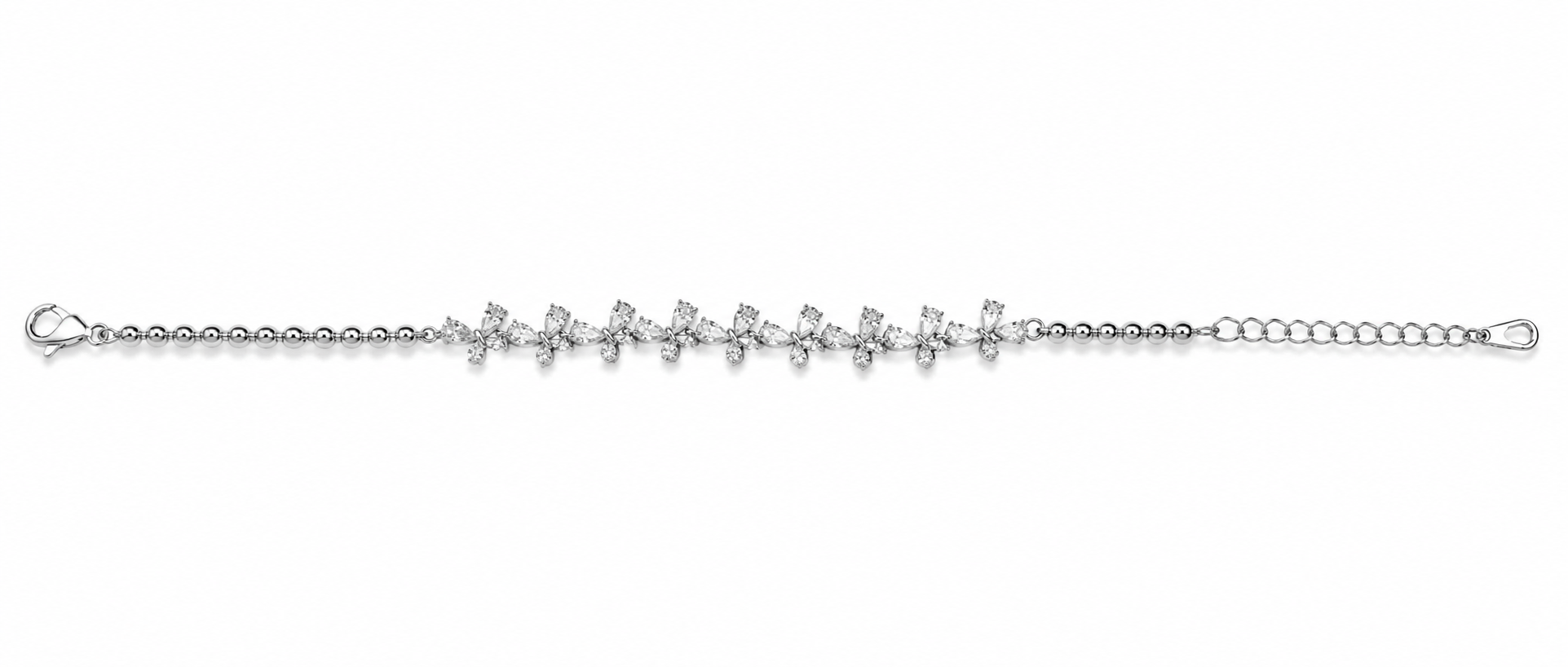 Ivy Sparkle Vine bracelet crafted in 925 sterling silver featuring marquise-cut and pear-cut cubic zirconia stones in an elegant floral vine design.