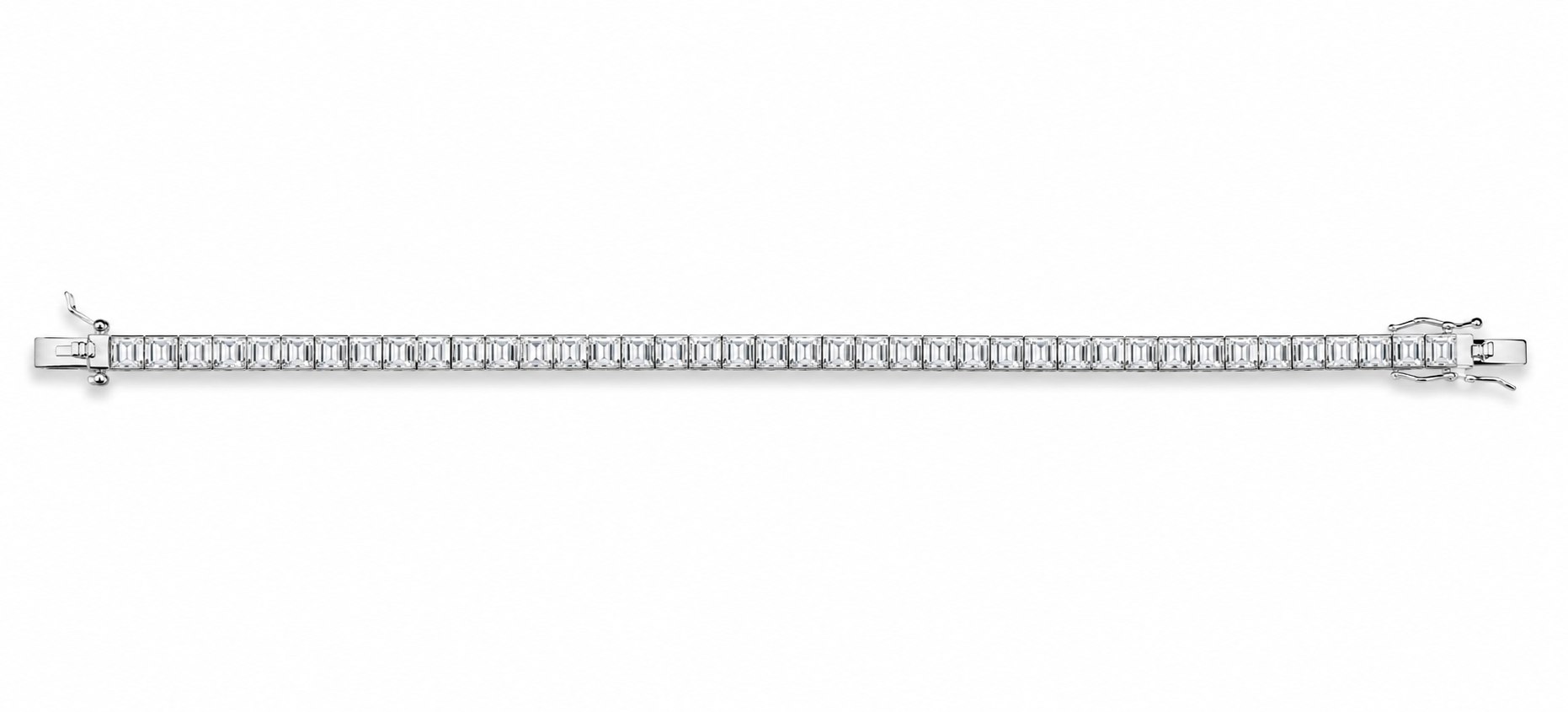 IRA Emerald Cut Tennis Bracelet crafted in 925 sterling silver featuring a continuous row of sparkling emerald-cut AAA cubic zirconia stones with a secure box clasp.