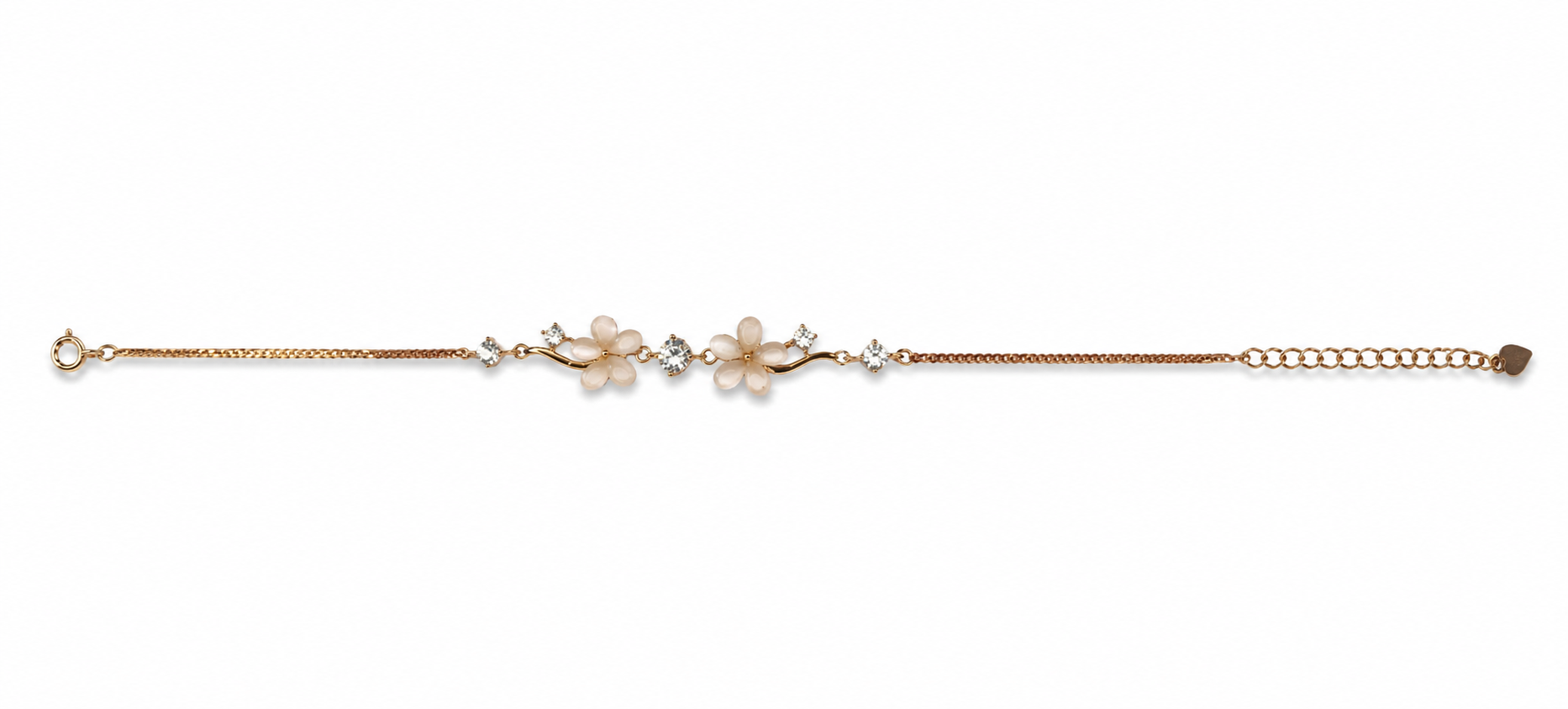 Blush Blossom 925 sterling silver bracelet featuring delicate floral motifs, sparkling cubic zirconia accents, and an adjustable chain in a polished silver finish.