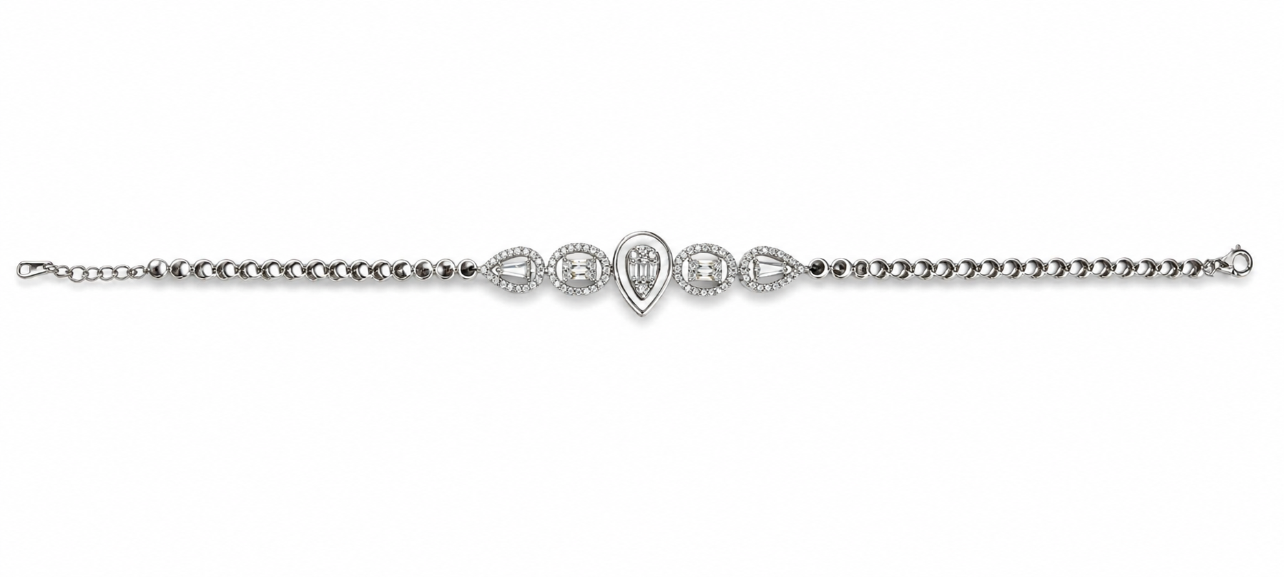 Celestial Dewdrop 925 sterling silver bracelet featuring a pear-shaped center motif, baguette-cut stones, sparkling AAA cubic zirconia accents, and an adjustable chain.