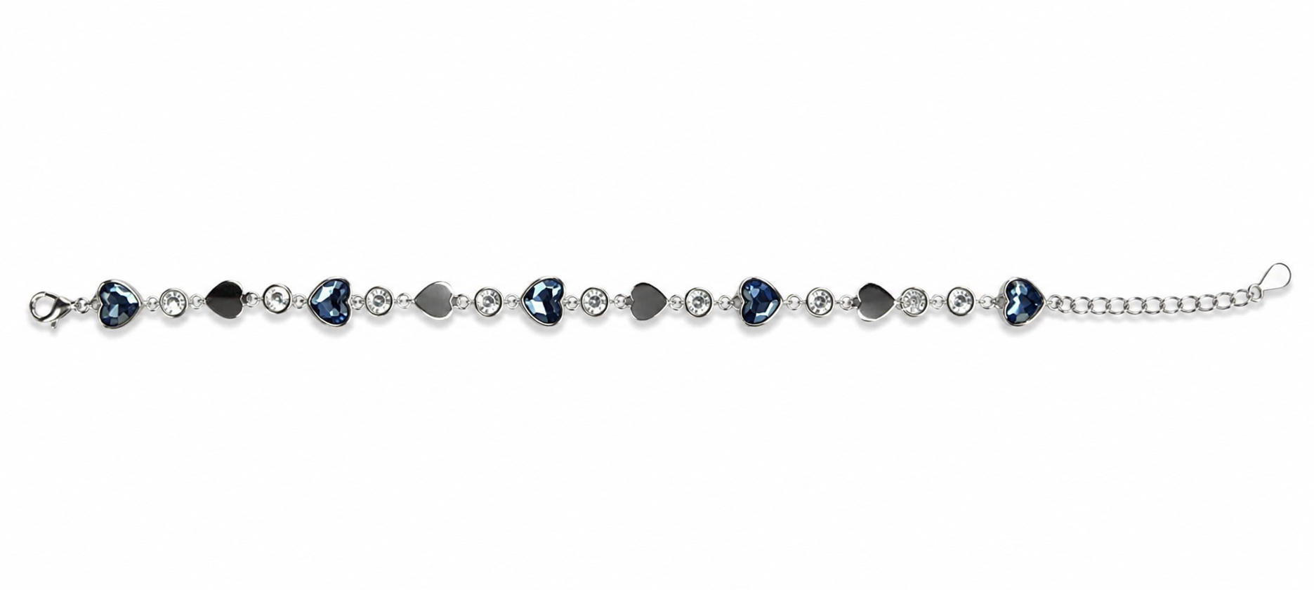 Midnight Hearts 925 sterling silver bracelet featuring sapphire blue heart-shaped stones, polished silver heart motifs, sparkling cubic zirconia accents, and an adjustable chain.