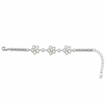 Moonlit Blossom 925 sterling silver bracelet featuring three floral motifs with sparkling AAA cubic zirconia stones and an adjustable chain, elegantly displayed on a luxurious beige satin background.