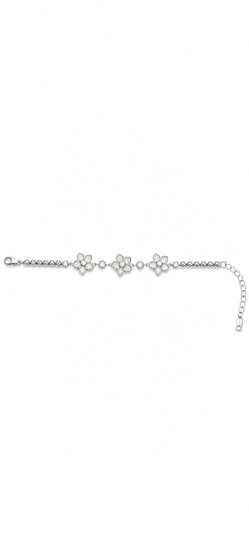 Moonlit Blossom 925 sterling silver bracelet featuring three floral motifs with sparkling AAA cubic zirconia stones and an adjustable chain, elegantly displayed on a luxurious beige satin background.