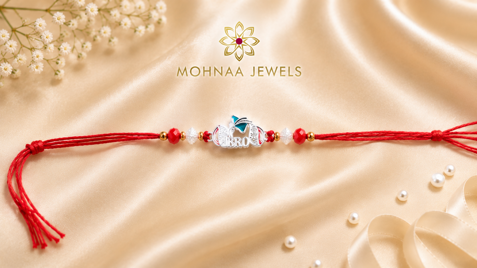 Bro Code 925 Silver Rakhi featuring a silver BRO motif with crystal bead accents and traditional red thread for Raksha Bandhan