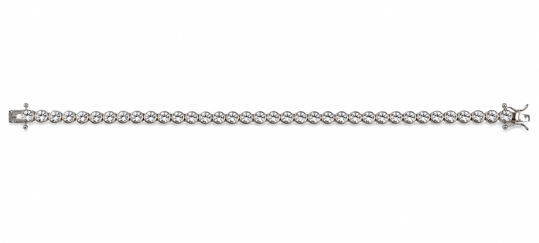 IRA Mooncrest Tennis Bracelet crafted in 925 sterling silver featuring round AAA+ cubic zirconia stones in a classic bezel-set tennis design.