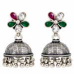 925 sterling silver floral jhumka earrings with ruby pink, emerald green and white stones by Mohnaa Jewels