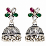 925 sterling silver floral jhumka earrings with ruby pink, emerald green and white stones by Mohnaa Jewels
