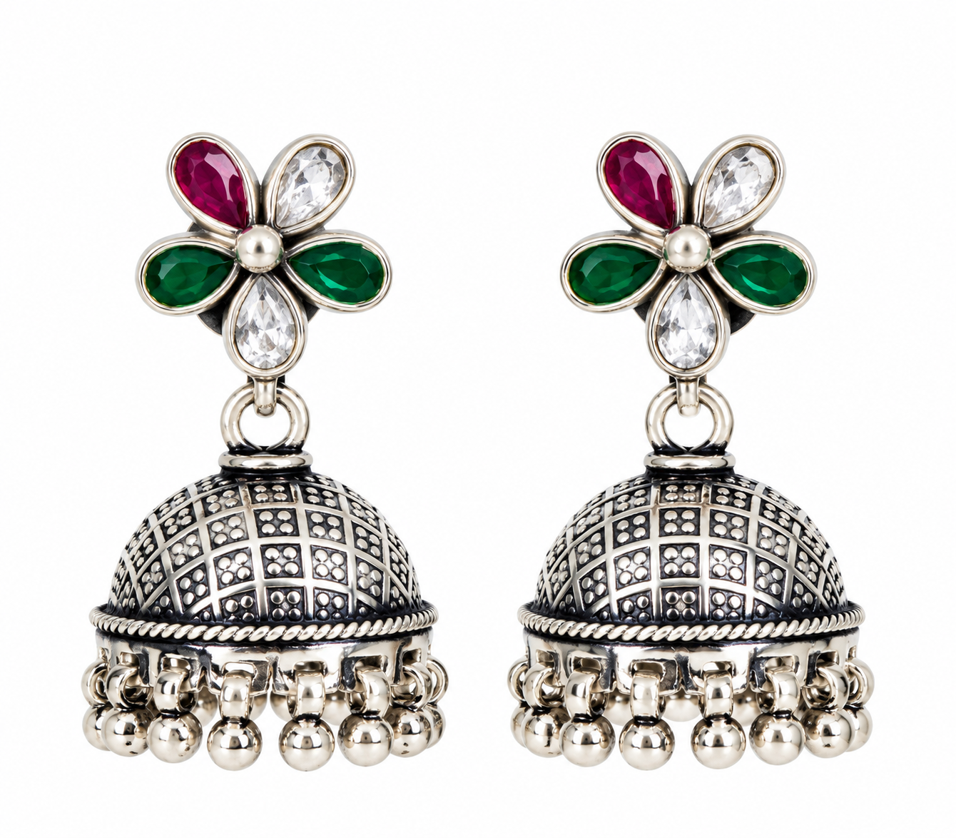 925 sterling silver floral jhumka earrings with ruby pink, emerald green and white stones by Mohnaa Jewels