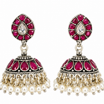 Mohnaa Ruby Blossom 925 Sterling Silver Floral Jhumka Earrings with Ruby Pink Stones and Pearl Danglings