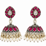 Mohnaa Ruby Blossom 925 Sterling Silver Floral Jhumka Earrings with Ruby Pink Stones and Pearl Danglings