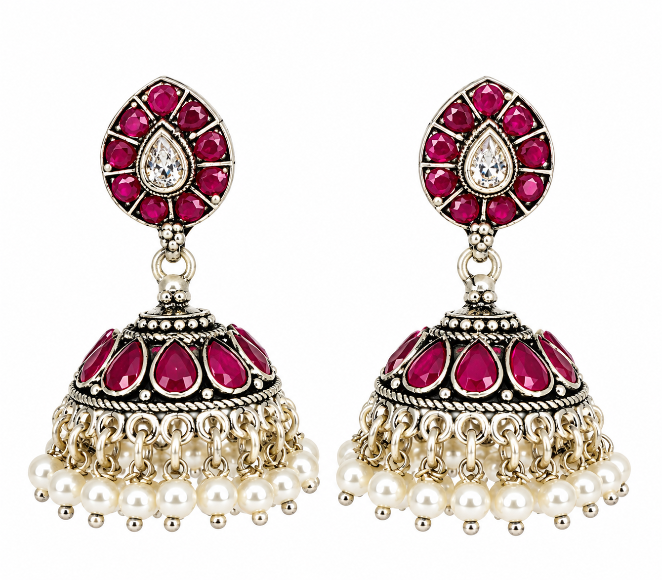 Mohnaa Ruby Blossom 925 Sterling Silver Floral Jhumka Earrings with Ruby Pink Stones and Pearl Danglings