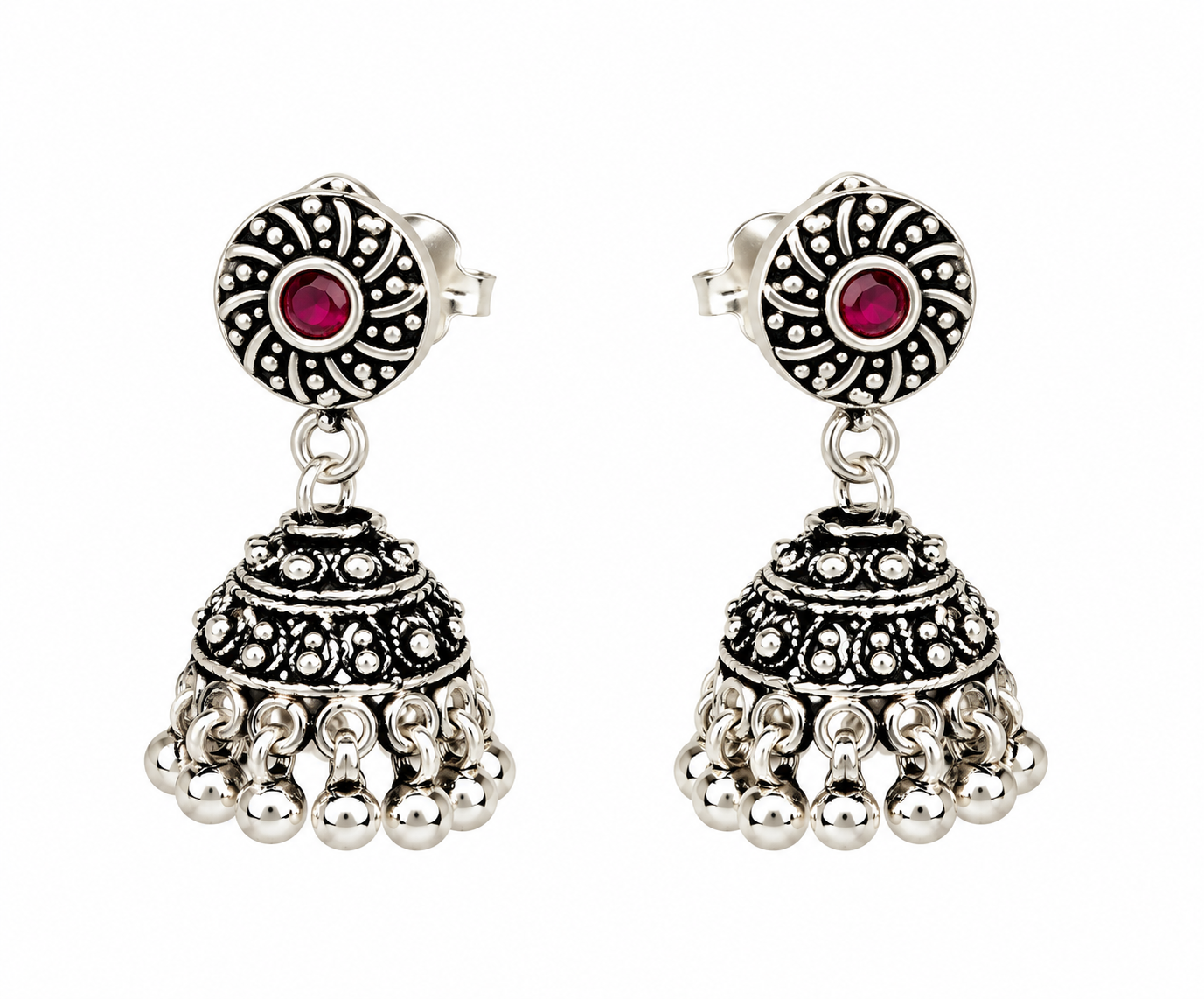 Mohnaa Gulnaar 925 Sterling Silver Traditional Jhumka Earrings with Ruby Red Stone and Silver Bead Danglings
