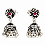 Mohnaa Gulnaar 925 Sterling Silver Traditional Jhumka Earrings with Ruby Red Stone and Silver Bead Danglings
