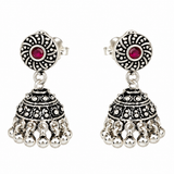 Mohnaa Gulnaar 925 Sterling Silver Traditional Jhumka Earrings with Ruby Red Stone and Silver Bead Danglings