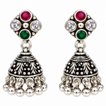 Mohnaa Triveni Navratri Silver Jhumka Earrings in 925 sterling silver with ruby pink, emerald green and white stones, handcrafted oxidized silver festive earrings