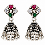 Mohnaa Triveni Navratri Silver Jhumka Earrings in 925 sterling silver with ruby pink, emerald green and white stones, handcrafted oxidized silver festive earrings