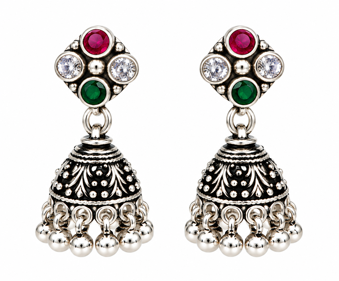 Mohnaa Triveni Navratri Silver Jhumka Earrings in 925 sterling silver with ruby pink, emerald green and white stones, handcrafted oxidized silver festive earrings