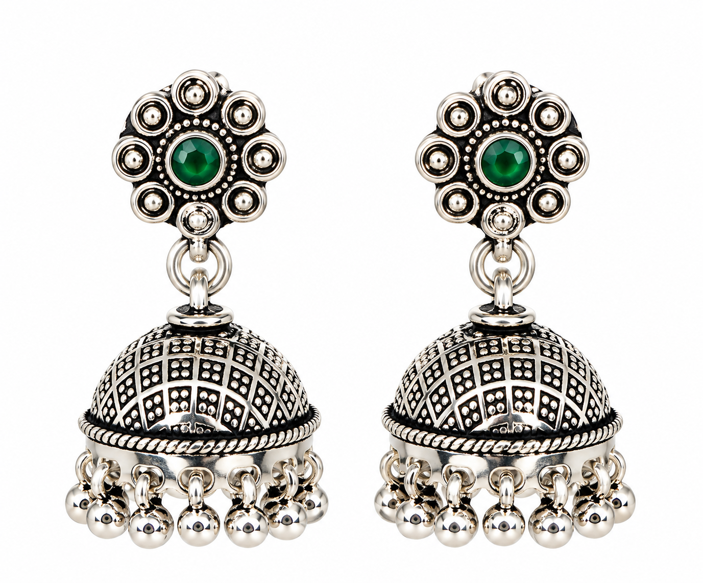Mohnaa Panna Pushpa Silver Jhumka Earrings in 925 sterling silver featuring emerald green stone floral studs and handcrafted oxidized jhumka design.