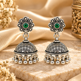 Mohnaa Panna Pushpa Silver Jhumka Earrings